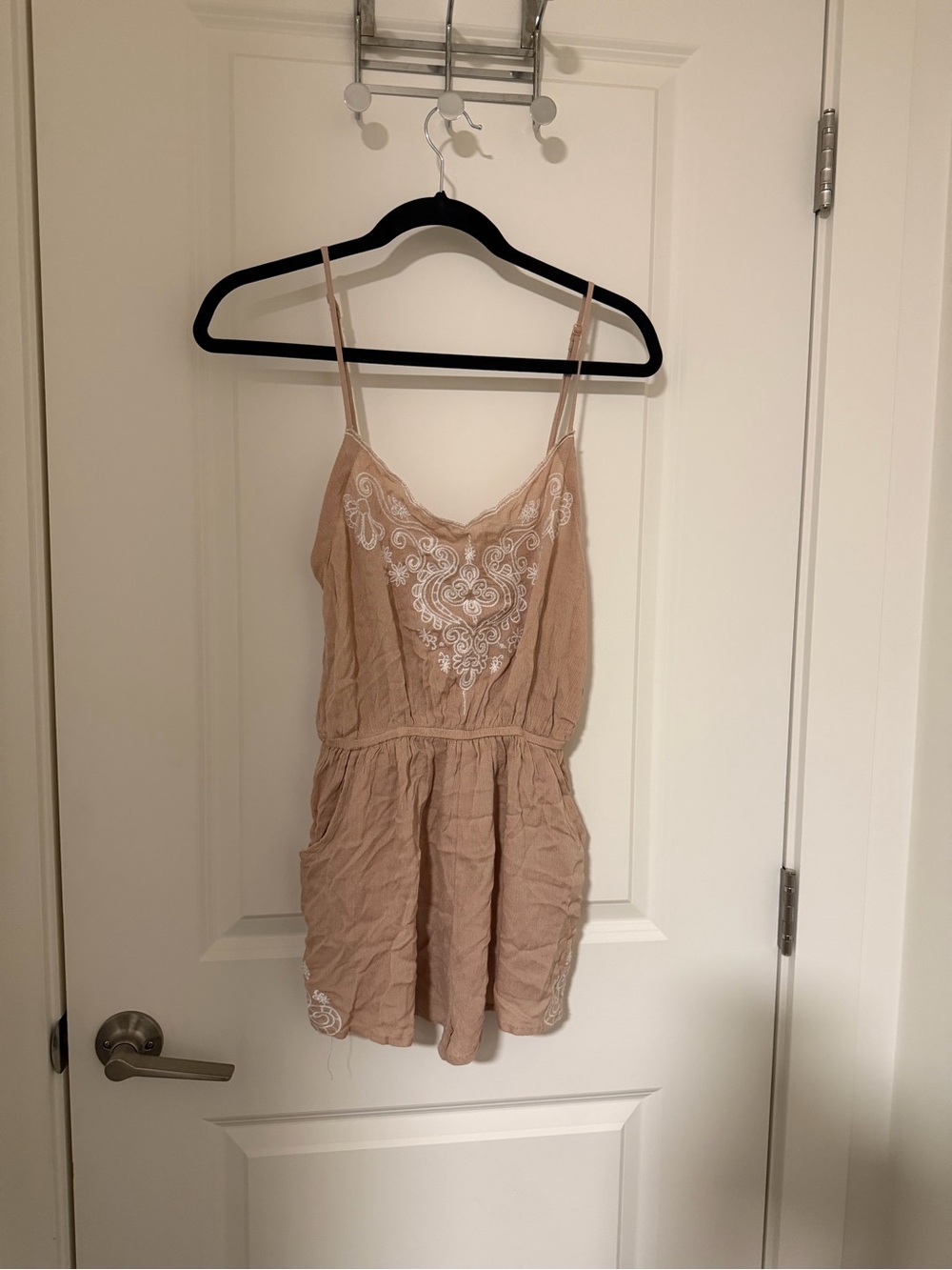 Papaya Beige Embroidered Spaghetti Strap Romper